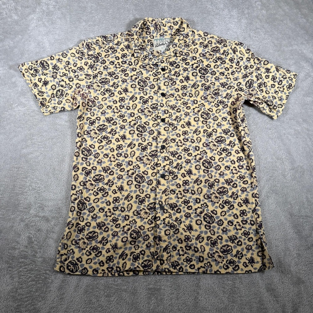 Roberta Oaks Shirt Mens Medium Yellow Floral Hawaiian Aloha Button‎ Up Casual